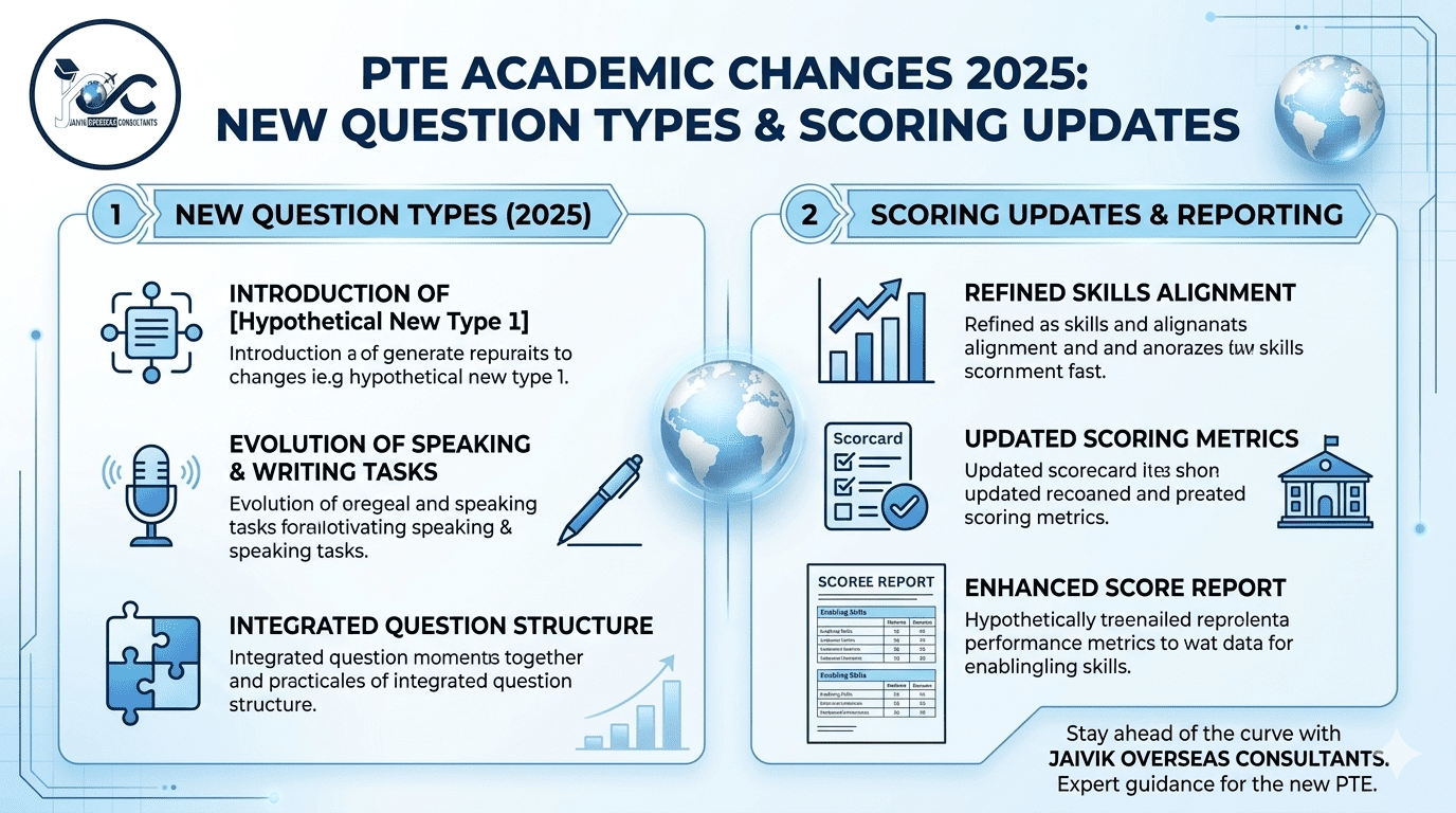 PTE Academic Changes 2025 — New Question Types & Scoring Updates | Jaivik Overseas Jaivik Overseas Jaivik Overseas Consultants infographic on PTE Academic Changes 2025: New Question Types and Scoring Updates.