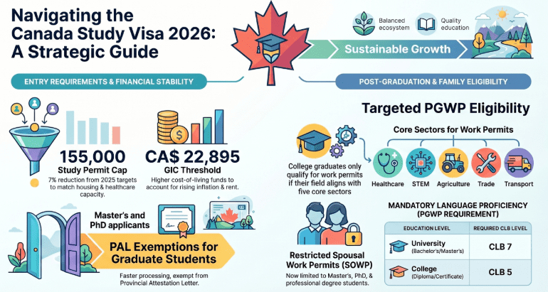 Infographic of Canada Student Visa Requirements 2026 showing GIC update and permit caps
