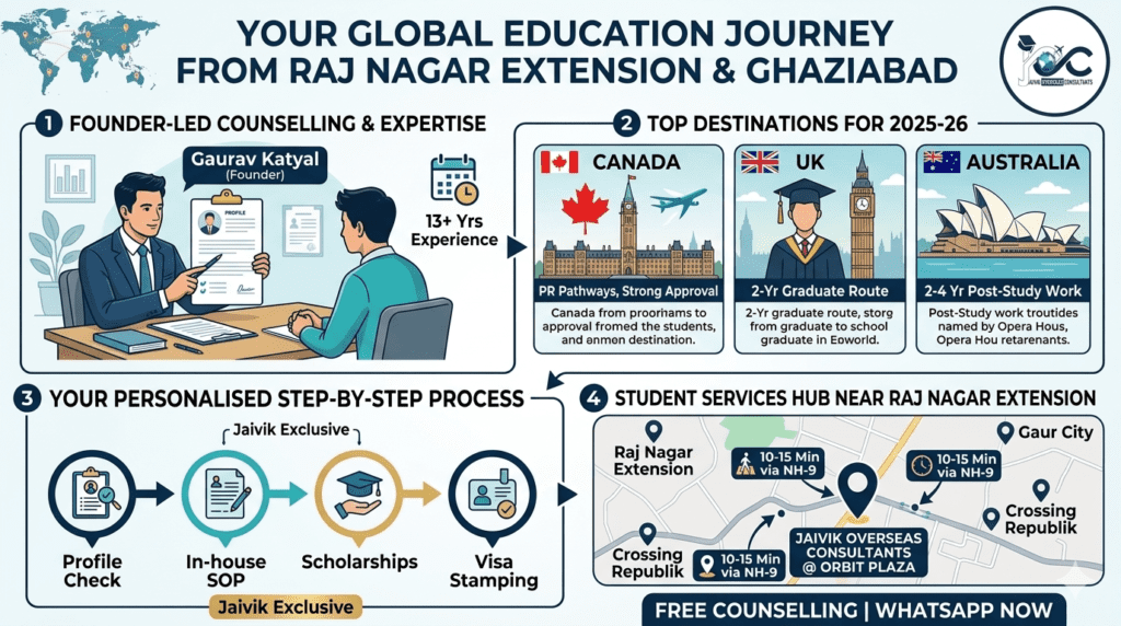 Study abroad consultants near Raj Nagar Extension Ghaziabad local map and visa services by Jaivik Overseas